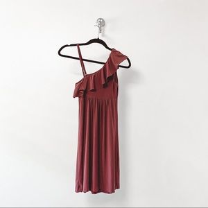 Soma‎ Holiday NYE Chic Soft Comfort Ruffle Shoulder Knit Mini Dress Burgundy
